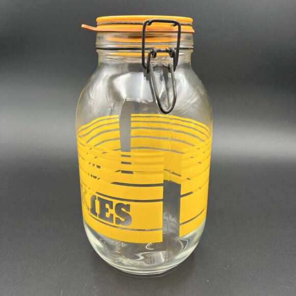 Large Vintage Retro 3L Glass Cookie Jar Yellow Striped France 1970s VG to EUC - Picture 5 of 16